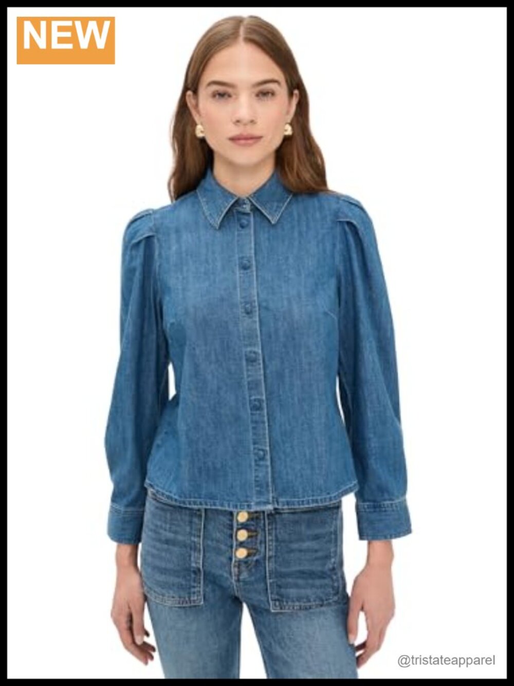 Denim Puff Sleeve Button Down Shirt Women's Lightweight Cotton Long Sleeve